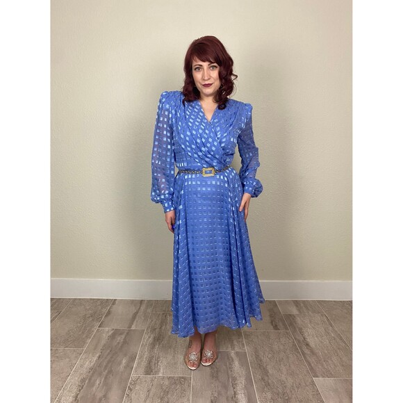 Size M | Vintage 1980s 80s Periwinkle Puff Balloon Long Sleeve Ethereal Dress - Picture 3 of 10